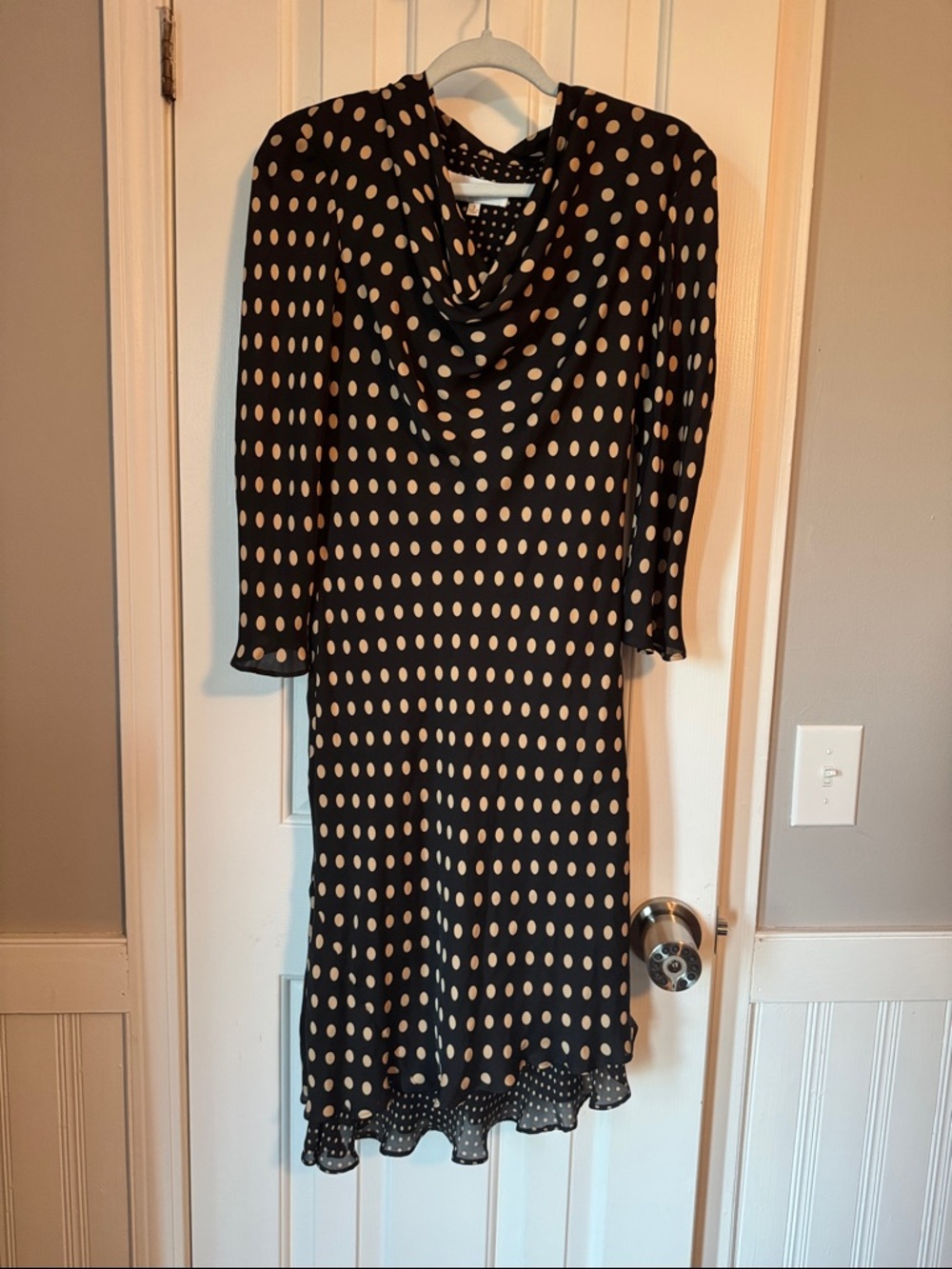 Donna Ricco Black and Cream Polka Dot Long Sleeve Cowl Neck Dress (R)